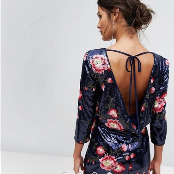 TFNC Sequin Dress W/ Floral Embroidery & Cowl Back - Picture 3 of 7